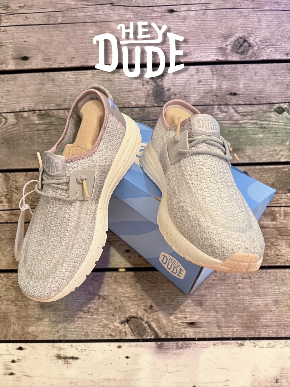 Hey Dude Knit Slip-On Sneakers in Light Gray and Blush Trim
